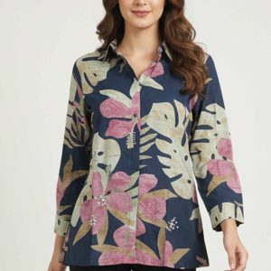 Trendy Blue Floral Muslin Shirt Top With Smart Collared Neck & Button Down Front