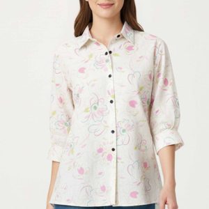 Trendy White Floral Printed Linen Top for Casual Wear