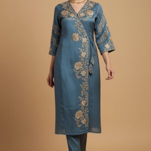Turquoise Festive Viscose Blend Angrakha Set with Rich Thread Embroidery on Top and Bottom Pants