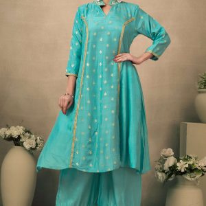 Turquoise Silk Blend A-Line Top Bottom Set With Zari Weaving And Stone Work