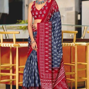 Vibrant Red & Grey Floral Print Soft Cotton Saree for Daily Wear