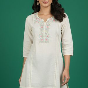White Floral Embroidered A-Line Top in Pure Cotton