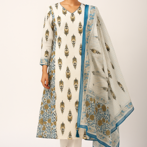 White Floral Print Pure Cotton Salwar Suit with Subtle Hand Embroidery Accents