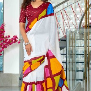White Pure Cotton Saree with Traditional Bagru Block Print