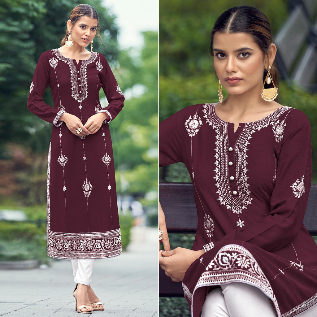 Wine Floral Embroidered Rayon Kurti
