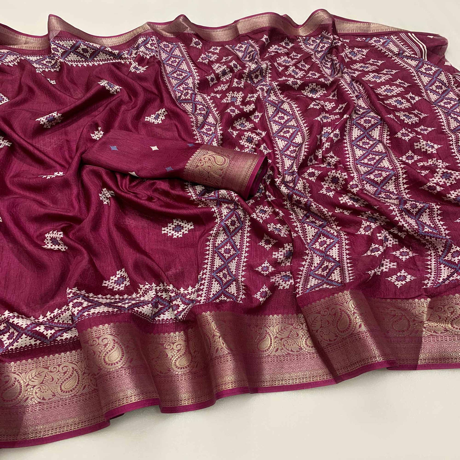 Wine Printed With Weaving Border Pure Cotton Saree