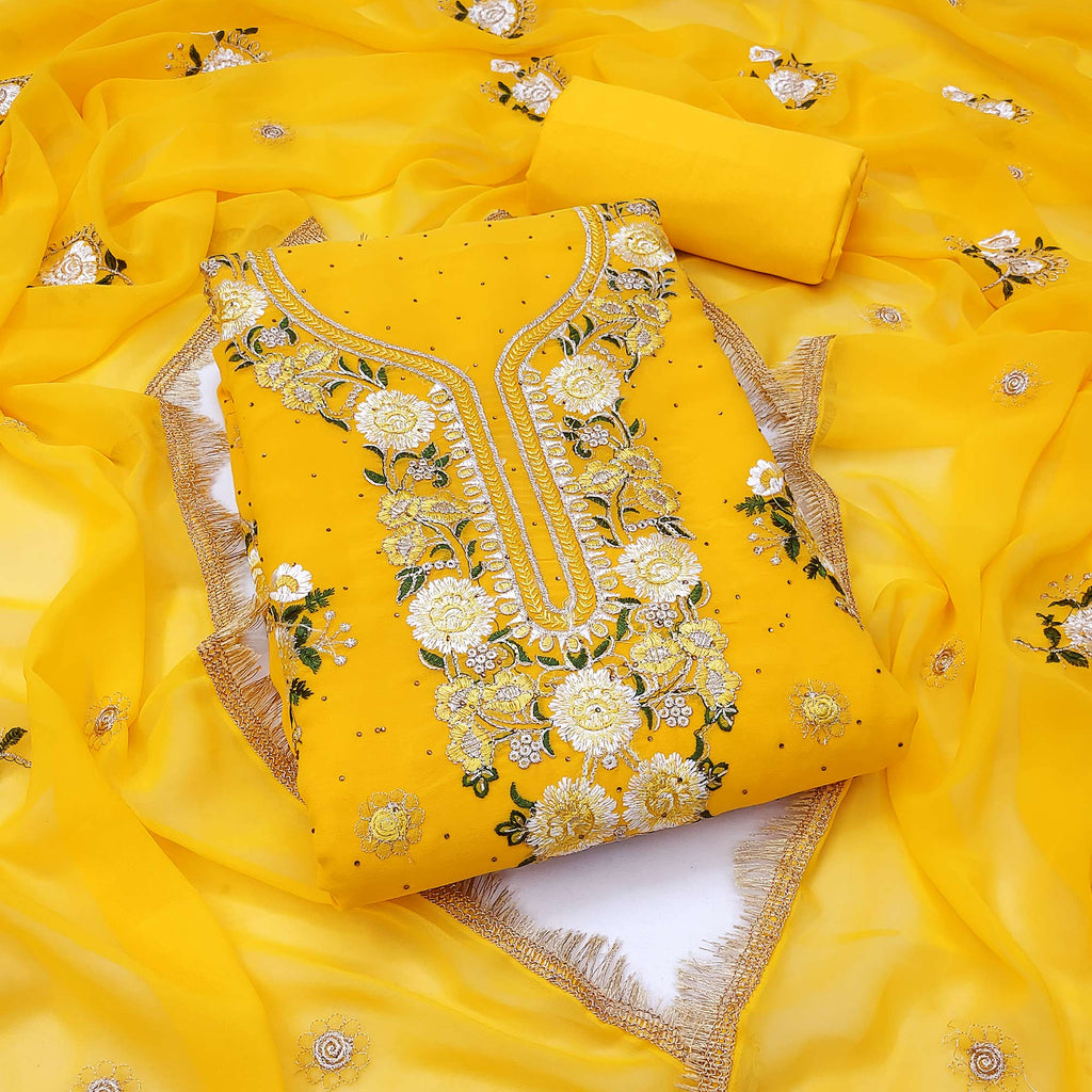 Yellow Georgette Dress Material With Exquisite Floral Embroidery & Shimmering Stonework