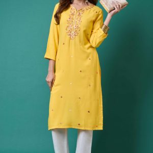Yellow Yoke Embroidered Rayon Straight Kurti